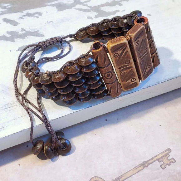 90s Y2K Vintage Brown Tribal Patterns Wood Acrylic OSFA Adjustable Bracelet - Picture 6 of 10